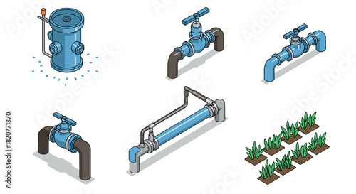 Isometric industrial water infrastructure with pipe valves and irrigation