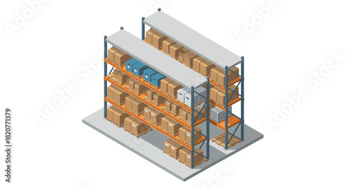 Isometric warehouse shelves with carton boxes and storage containers
