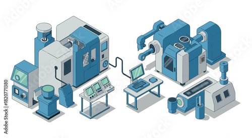 Modern isometric industrial machinery and robotic equipment setup for automated production