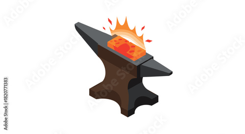 Isometric anvil and glowing metal with flames in blacksmithing forge scene
