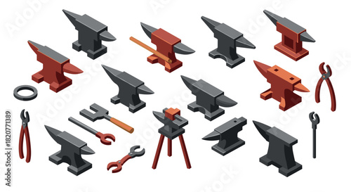 Collection of anvils and tools in 3d isometric style for metalwork designs