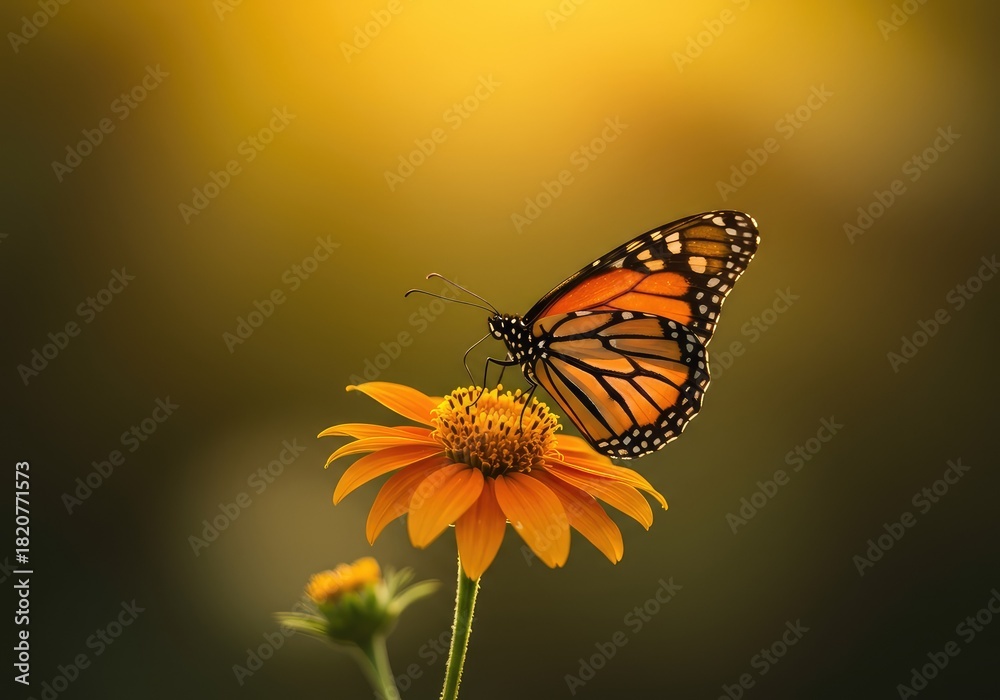 Obraz premium A beautiful orange monarch butterfly rests on a vibrant flower bathed in warm golden sunlight on a bright summer day ,colorful ,wing ,detailed