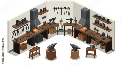 Isometric blacksmith workshop with tools and anvils in a detailed workshop scene