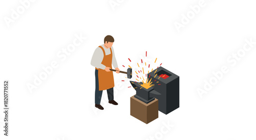Isometric blacksmith at work with anvil and forge sparks