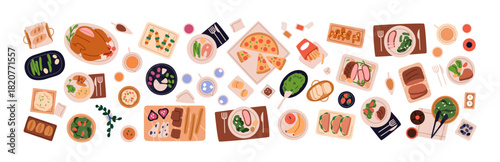 Dishes, food set, top above view. Pizza, chicken, turkey, meals on plates, salads, bread, fruit, snacks served on platters and drinks, utensils. Flat vector illustration isolated on white background