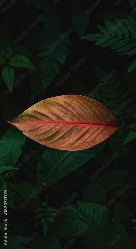 Fototapeta premium A brightly colored tropical leaf, shaped like an arrow, pointing direction deep inside the humid, dense rainforest undergrowth ,leaf ,arrow ,conservation