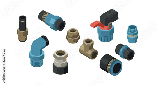 Isometric plumbing components: diverse pipe fittings for modern systems