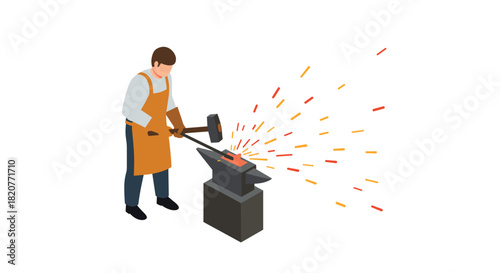 Blacksmith hammering metal on anvil with sparks in isometric style
