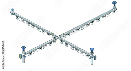 Isometric irrigation system with sprinkler pipes and water valves