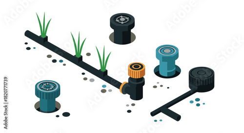 Isometric garden irrigation system with sprinkler heads and grass elements