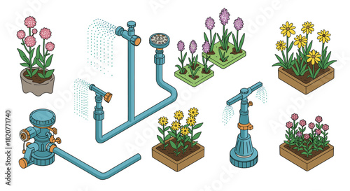 Isometric garden sprinkler system with flowers in pots and planters