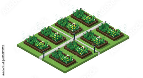 Isometric garden beds with sprinkler system and flowering plants