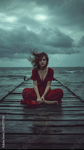 Sad woman in red dress sitting barefoot on wet wooden jetty