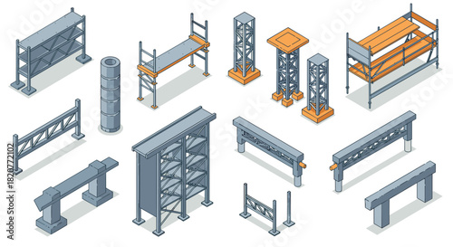 Isometric industrial structures and metal frames in modern design