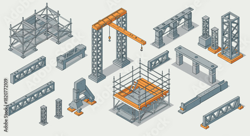 Isometric construction elements set with scaffolding and steel structures