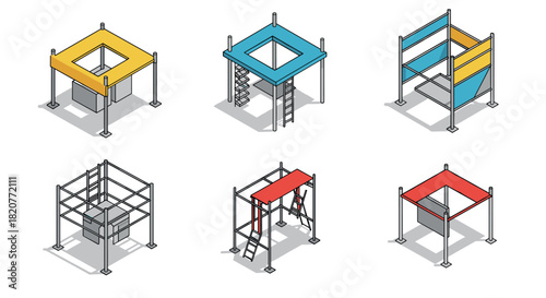 Modular construction structures in isometric style with colorful framework de…