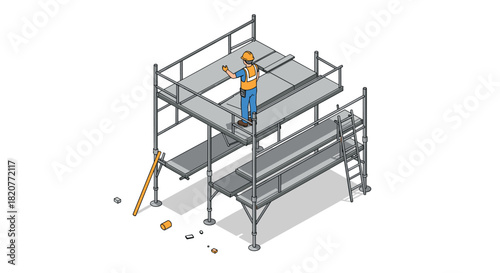 Construction worker on scaffolding in isometric illustration with safety gear