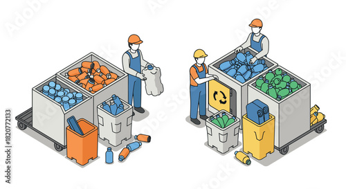 Workers sorting recyclables into bins with isometric design for waste managem…