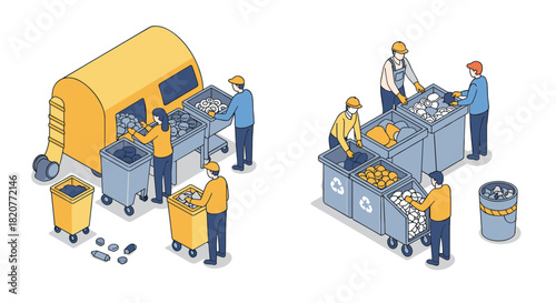 People sorting recyclables at recycling plant in isometric style