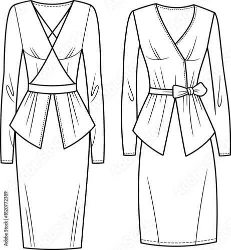 Women's Peplum Wrap Dress Technical CAD Drawing Flat Vector Illustration with V-Neck, Long Sleeves, and Pencil Skirt for Professional Fashion Design.