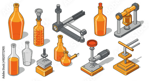 Isometric laboratory equipment and bottles collection with orange accents