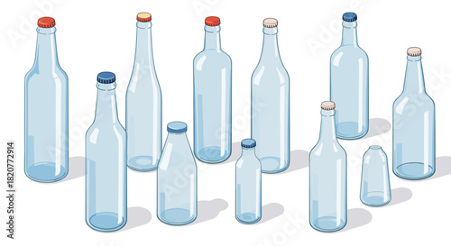 Isometric glass bottles collection with varied heights on white background