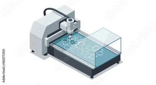 Isometric cnc machine crafting intricate glass designs for precision engineering