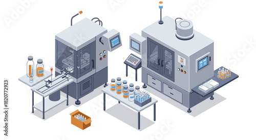 Isometric automated beverage production line with modern machinery