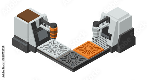 Isometric 3d printing double machine creating intricate geometric patterns on tiles