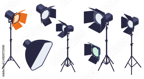 Isometric stage lighting equipment set with tripods and barn doors