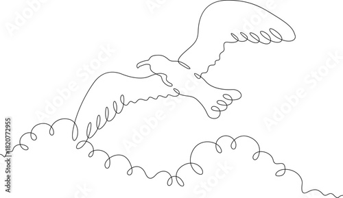 Continuous single line drawing flying seagull in the sky.Bird in flight.  Linear . One continuous line isolated minimalist illustration. Not AI.
