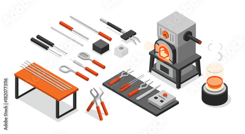 Isometric blacksmith tools and forge set with anvils and hammers