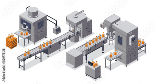 Automated bottling factory process with isometric industrial machinery and conveyor belts