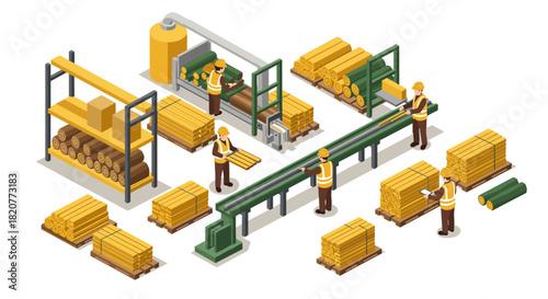 Isometric lumber factory workflow featuring workers and machinery for wood processing