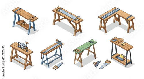 Isometric workbenches: diverse hand tool and saw horse collection for carpentry projects