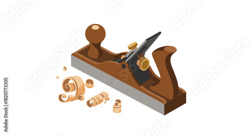 Realistic woodworking plane with shavings on white background