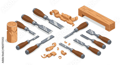 Isometric woodworking tools with chisels and carved wood shavings