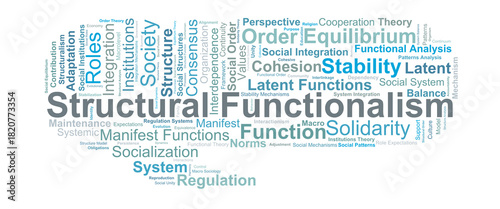 Structural Functionalism Word Cloud. Key terms illustrating how social structures, functions, and institutions work together to maintain stability, cohesion, and systemic order in society.