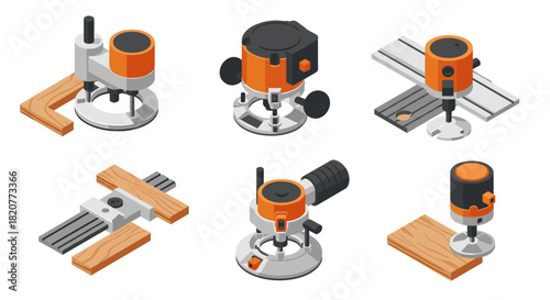 Isometric set of electric woodworking tools with orange accents on white background