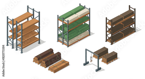 Isometric industrial warehouse racks with lumber for storage solutions