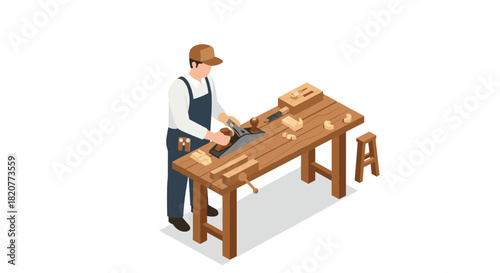 Carpenter crafting at workbench in isometric style with hand tools and woodwork pieces