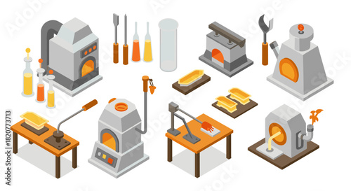 Isometric set of metallurgy and foundry tools and equipment on white background