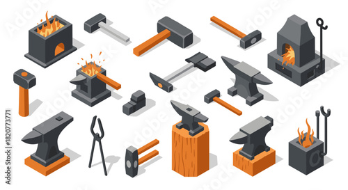 Isometric blacksmith tools and forge elements on white background