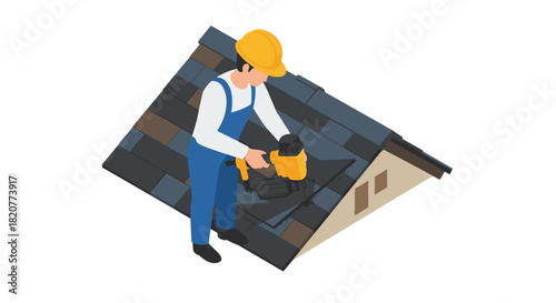 Roofer using nail gun on shingle roof isometric illustration
