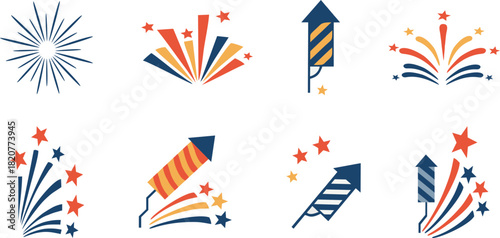 Firework icons, new year celebration symbol: rocket, starburst explosion, and sparkles.