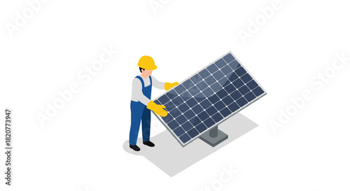 Isometric worker installing solar panel for sustainable energy solutions