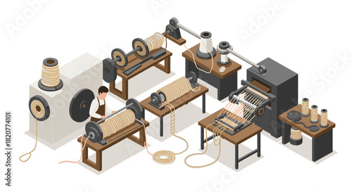 Isometric rope manufacturing process in a modern factory setting