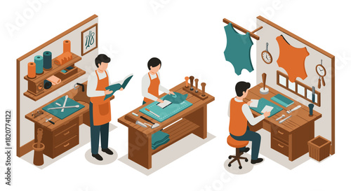Crafting workshop scene with artisans working on leather goods in isometric design