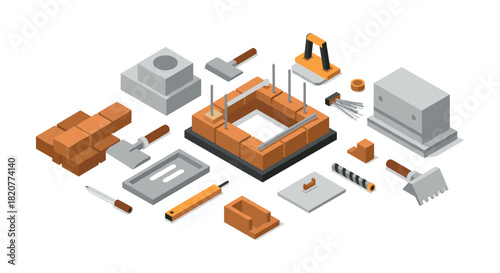 Isometric construction tools and materials with bricks and concrete elements