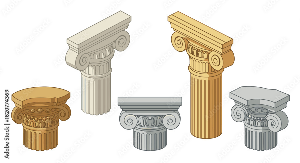Naklejka premium Classical architecture capitals in isometric style - doric, ionic, corinthian designs